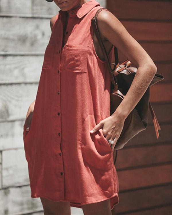 Women Casual Solid Button Shirt Collar Sleeveless Dress