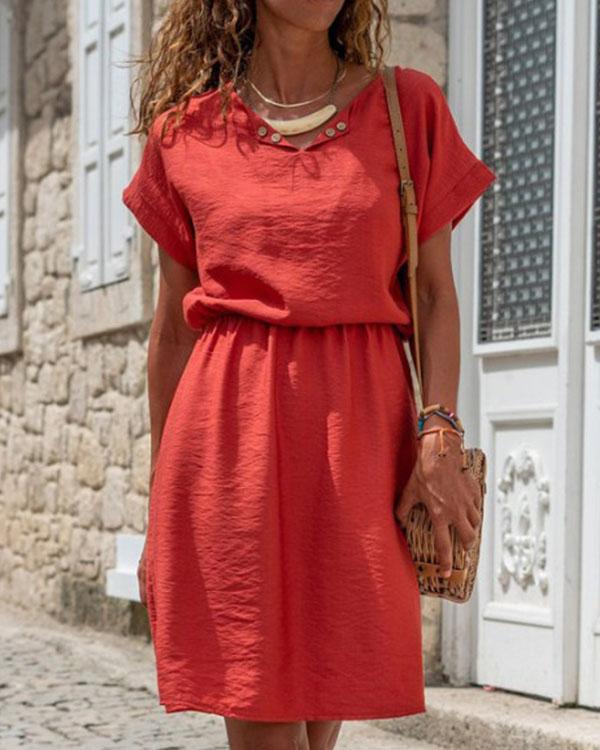 Basic Solid V Neck Linen Cotton A-Line Midi Dress