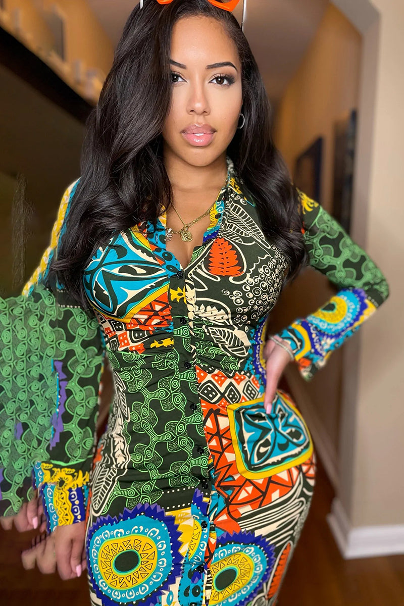 V Neck All Over Boho Print Long Sleeve Maxi Dress