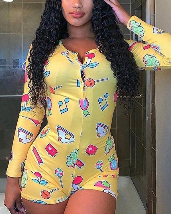 Women Sexy Bodycon Long Sleeve Print Romper