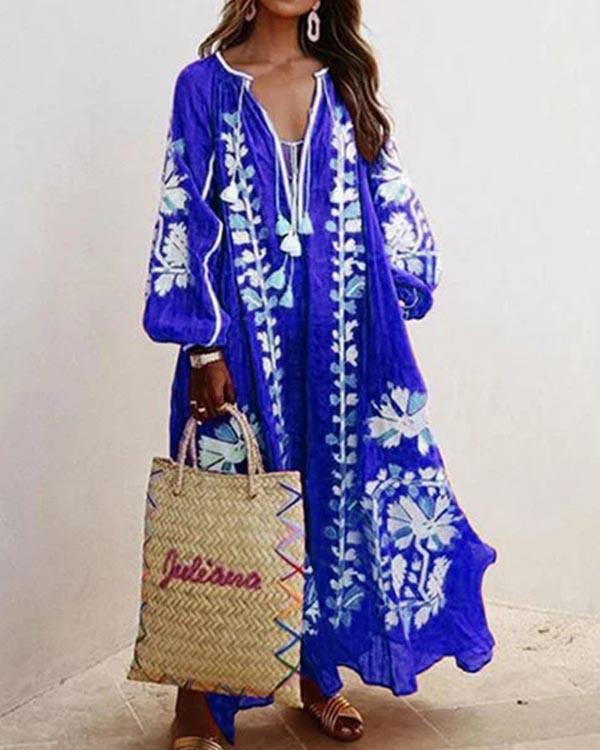 Plus Size Dress Balloon Sleeves Boho Printed Maxi Dresses