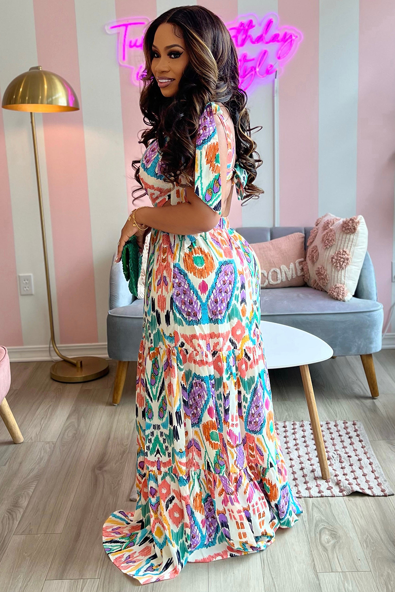 Deep V Neck Straps Tied Up Backless Boho Pattern Print Maxi Dresses [Pre Order]