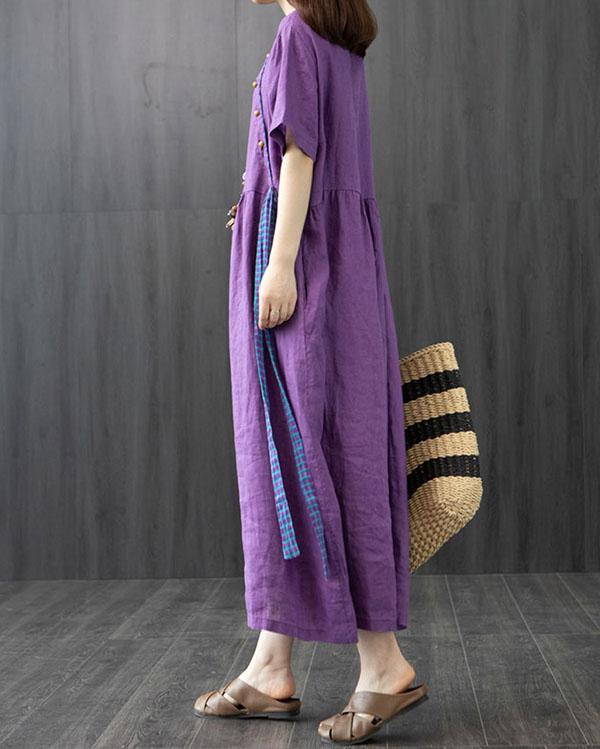 Cotton and Linen Dress Summer Loose Large Size Stitching Casual Maxi Dress