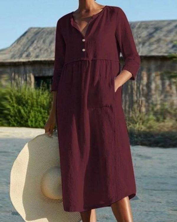 Cotton And Linen Pocket 3/4 Sleeve Dress