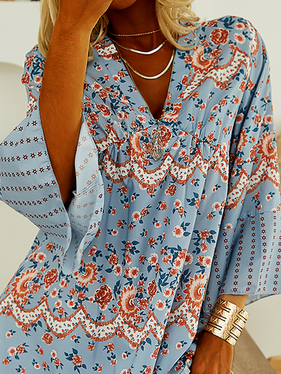 Boho Casual V Neck Long sleeve Woven Dress