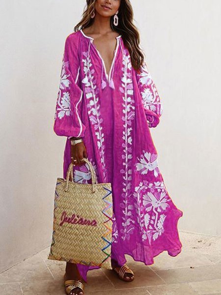 Women Printed Boho Casual Dress V Neck Holiday Maxi Dress