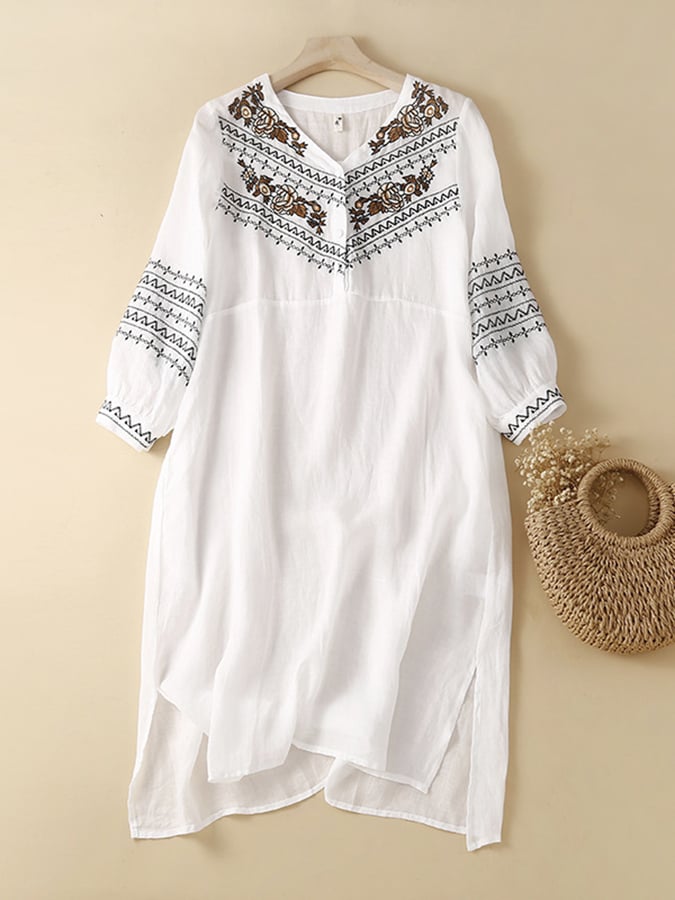 Cotton And Linen Ethnic Style Embroidery Loose Casual Slit V-neck Dress