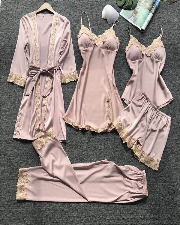 Satin Lace Trim 5PCS Sleepwear Sets