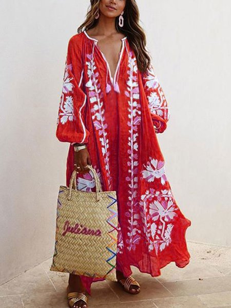 Women Printed Boho Casual Dress V Neck Holiday Maxi Dress