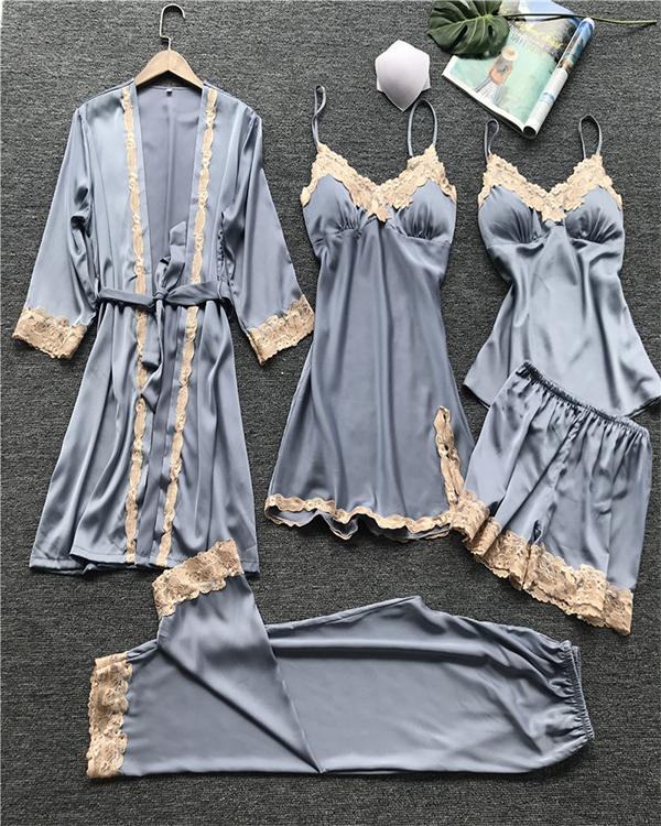 Satin Lace Trim 5PCS Sleepwear Sets